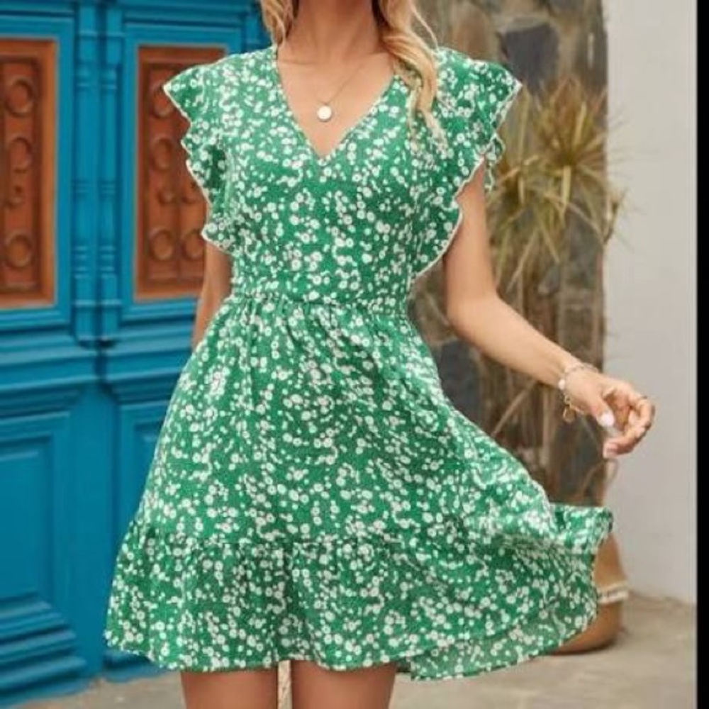 SHEIN Green and White Floral Sundress